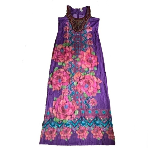Agua Bendita Colorful Purple & Pink Cactus Floral Maxi Dress Large LIKE NEW - Picture 6 of 16